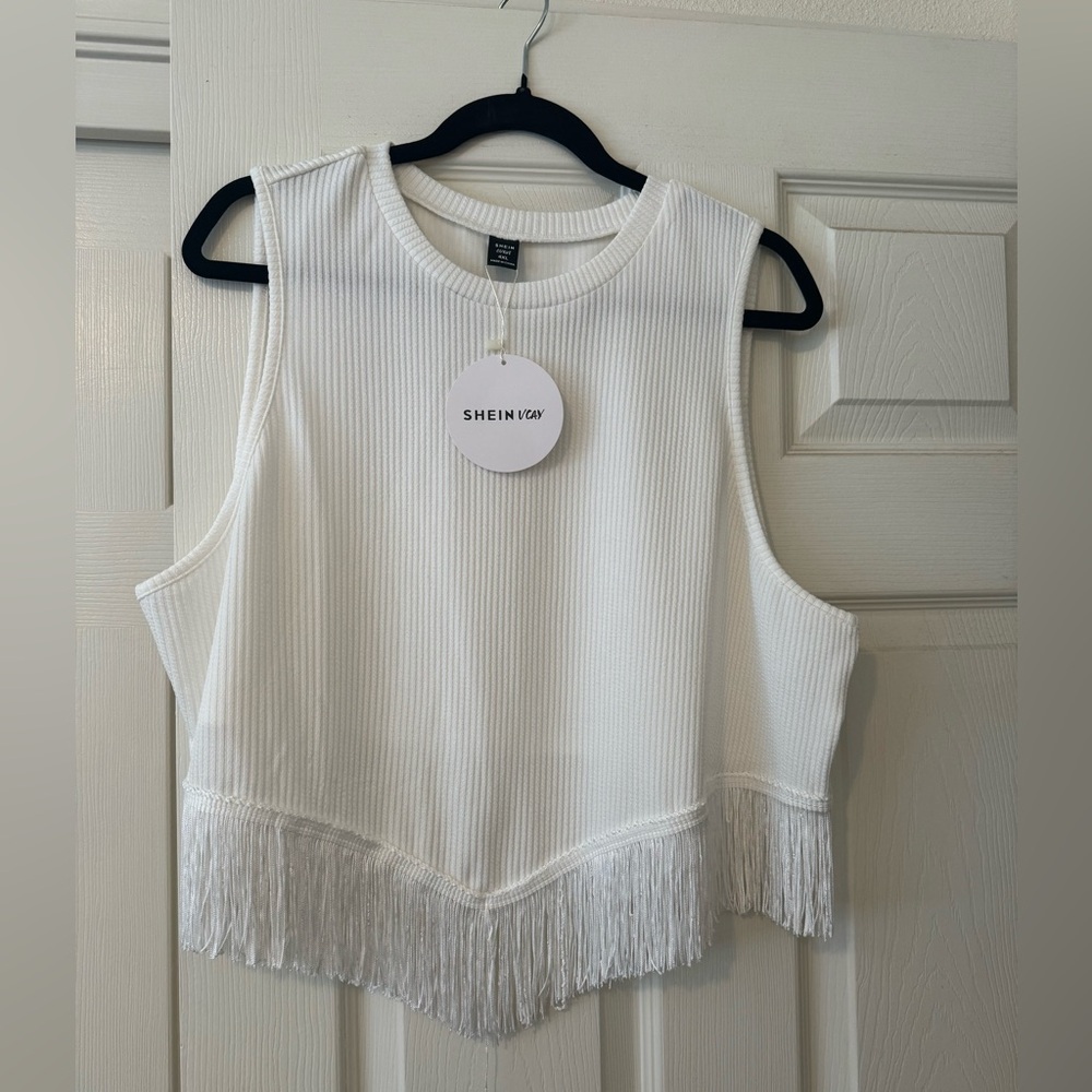 White crop top tank with fringe